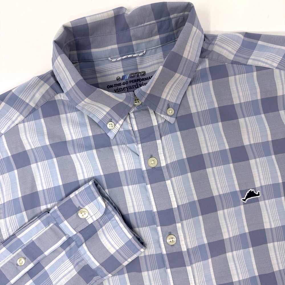 Vineyard Vines OTG Performance Shirt Mens Medium Blue Plaid Marthas Vineyard
